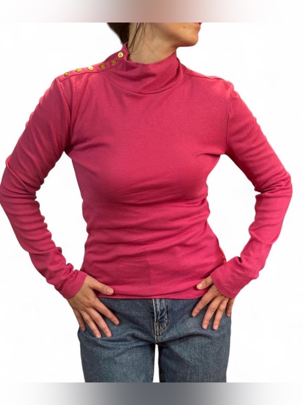 J.Crew Reimagined Pink Cotton Mock Neck Top Gold Button Work S Old Money Preppy